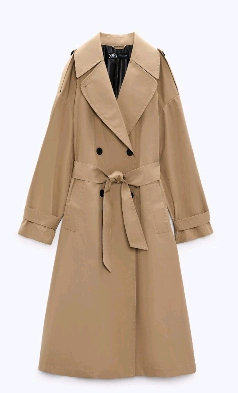 ZARA Long Classic Belted Trench Coat Beige Camel Water Repellent Medium 8073/222